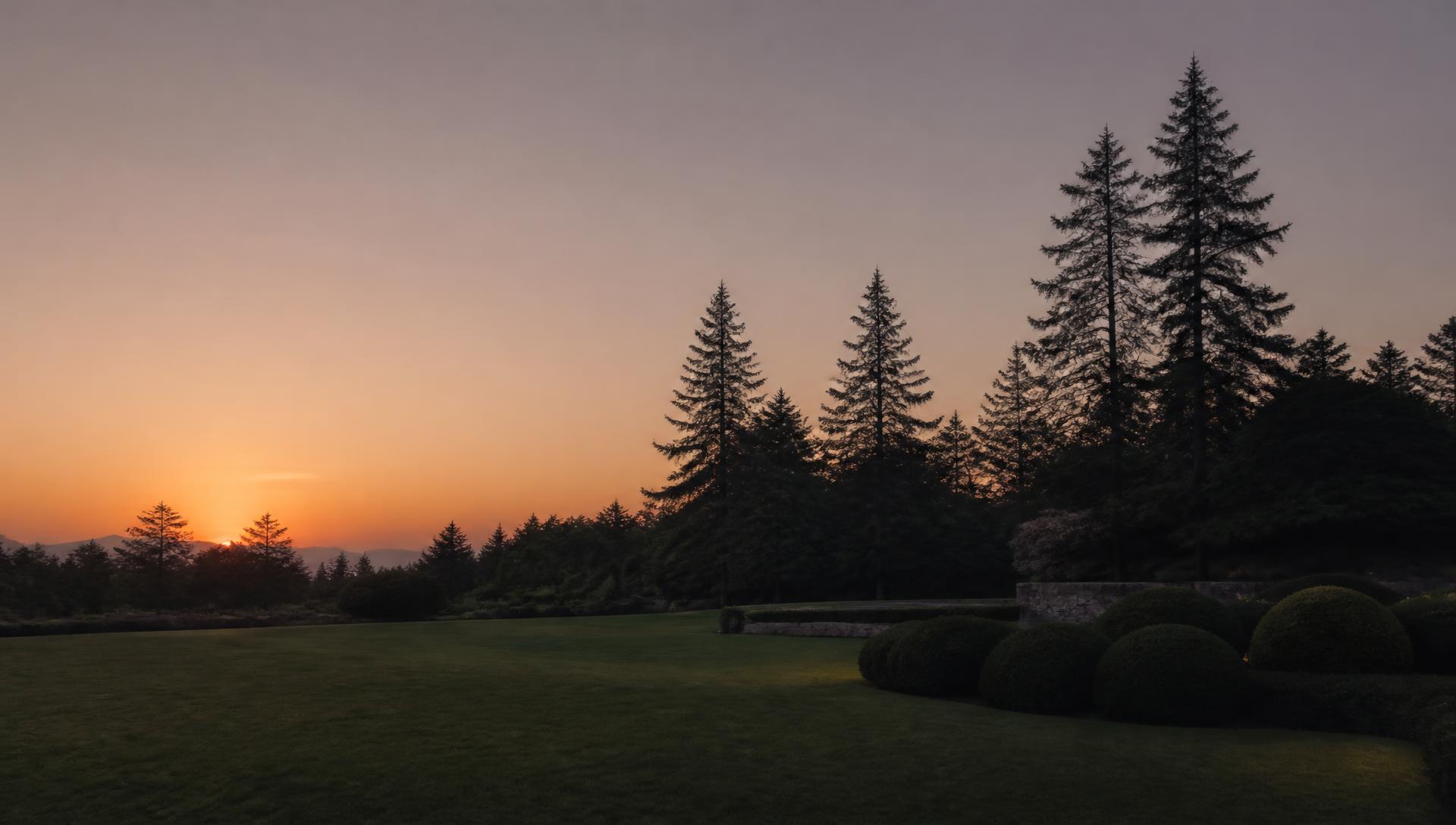 Manicured lawn at dusk framed by evergreens