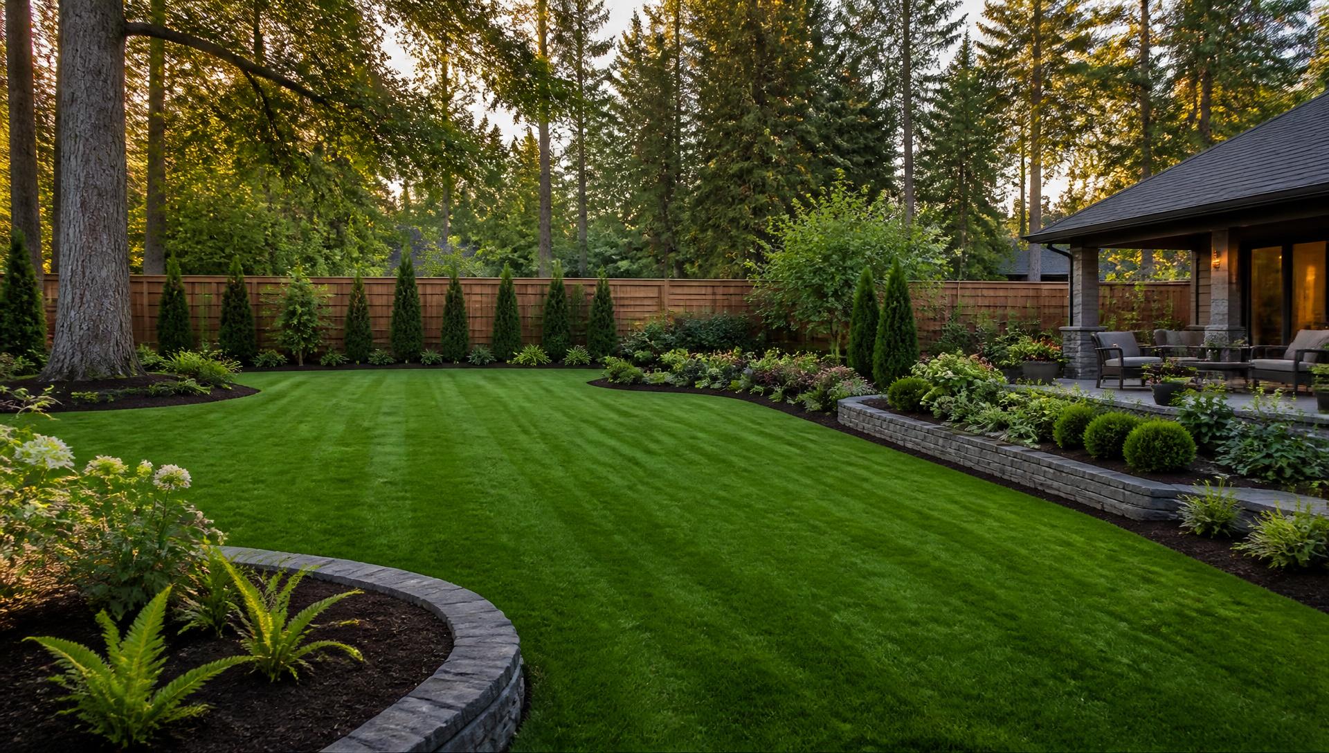 Finished backyard with striped lawn, stone borders and fresh bark dust beds