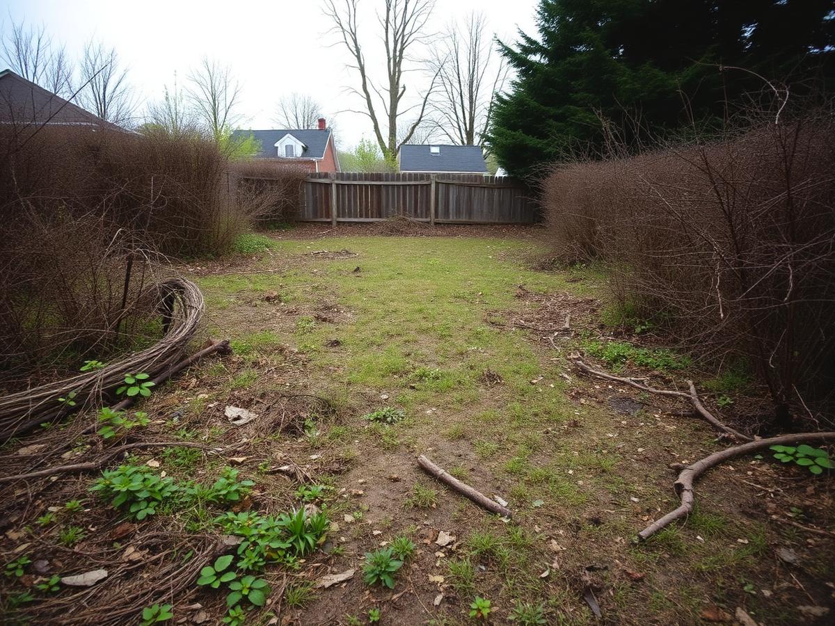 The backyard before work began, overgrown and bare