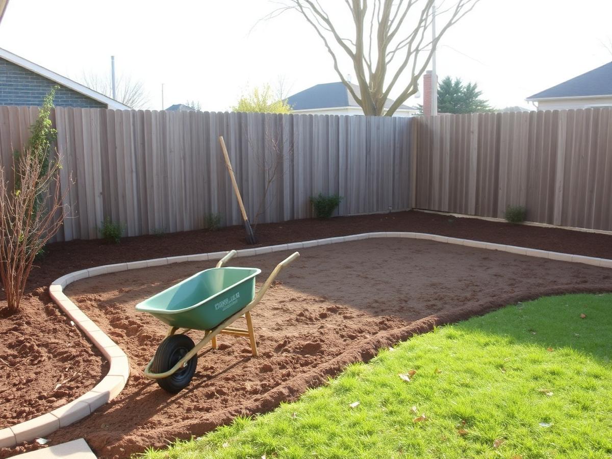 The backyard mid-project with new bed lines and fresh soil