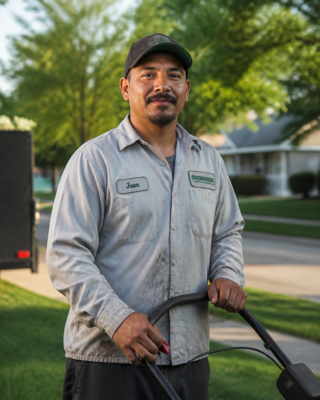 Sal, owner of Salvador's Lawn Care, standing in a client's yard